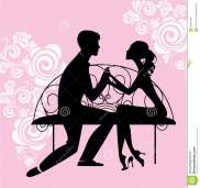 silhouette-lovers-sitting-bench-vector-illustration-pink-background-49027485